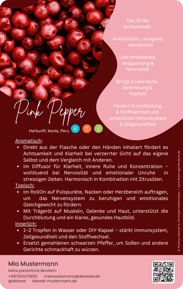 Die Infokarte Pink Pepper mit Namen, Kontaktdaten und QR-Code