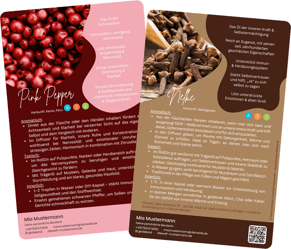 Die Infokarten Pink Pepper und Nelke mit Namen, Kontaktdaten und QR-Code