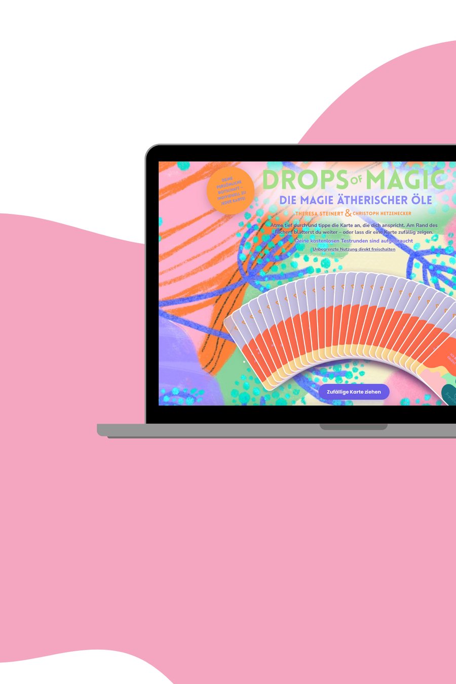 Web-App Kartendeck Drops of Magic auf einem Laptop